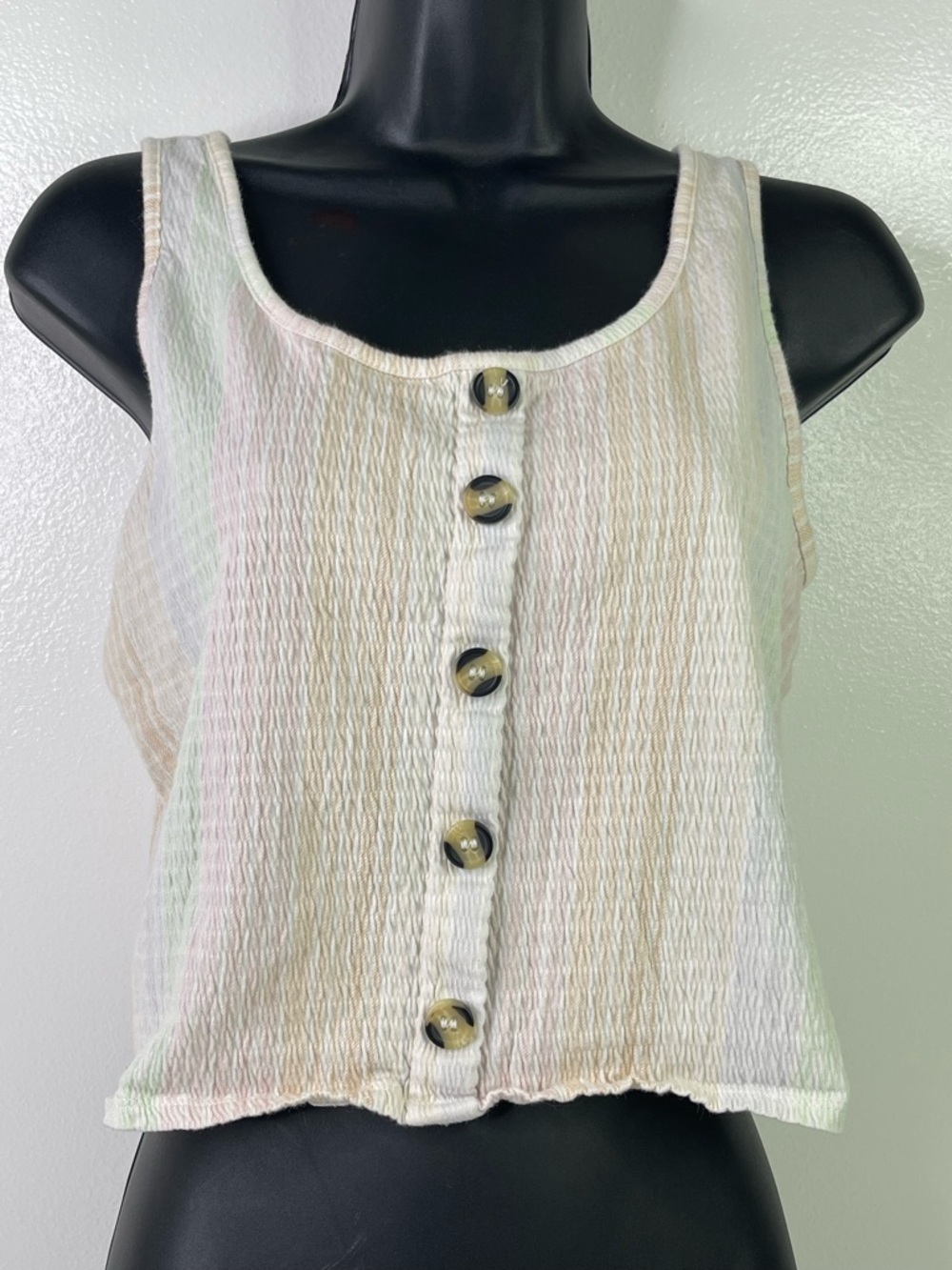 Mudd Pastel Rainbow Stripe Seersucker Button-Front Crop Tank Top Size L